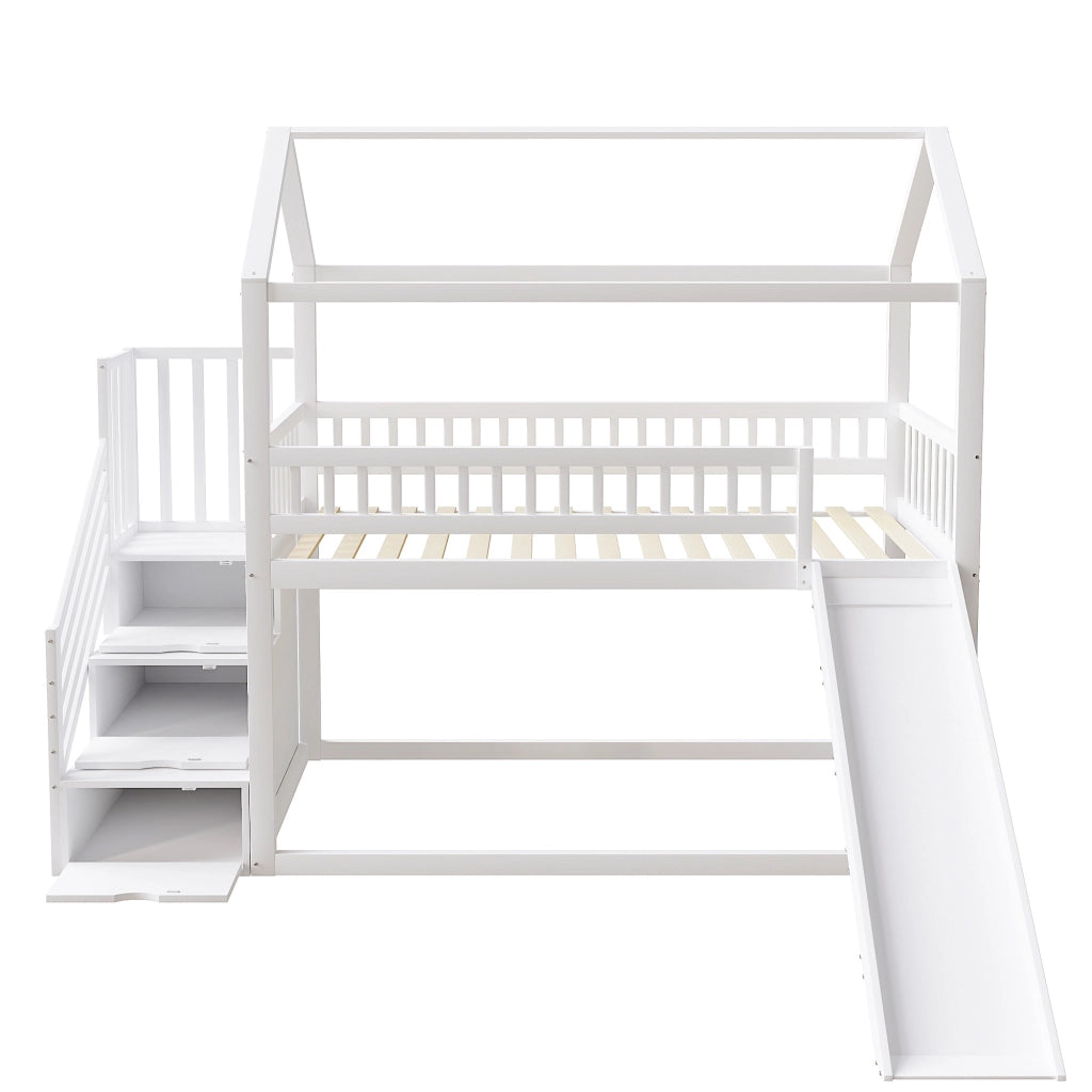 Letto a soppalco per bambini 90x200 cm con scivolo e scala contenitore; bianco