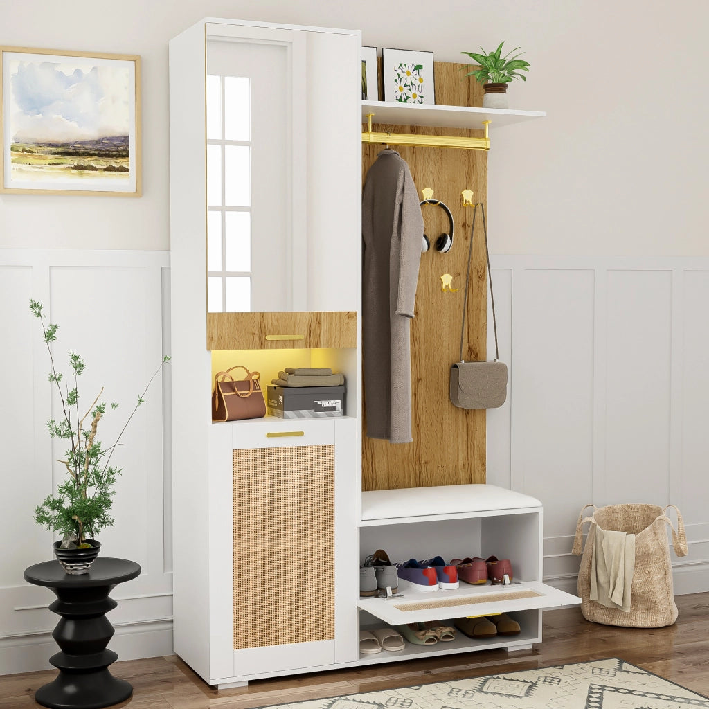 Set da ingresso con armadio a 3 ante, specchio, panca, vani a giorno e 6 ganci, MDF bianco e legno