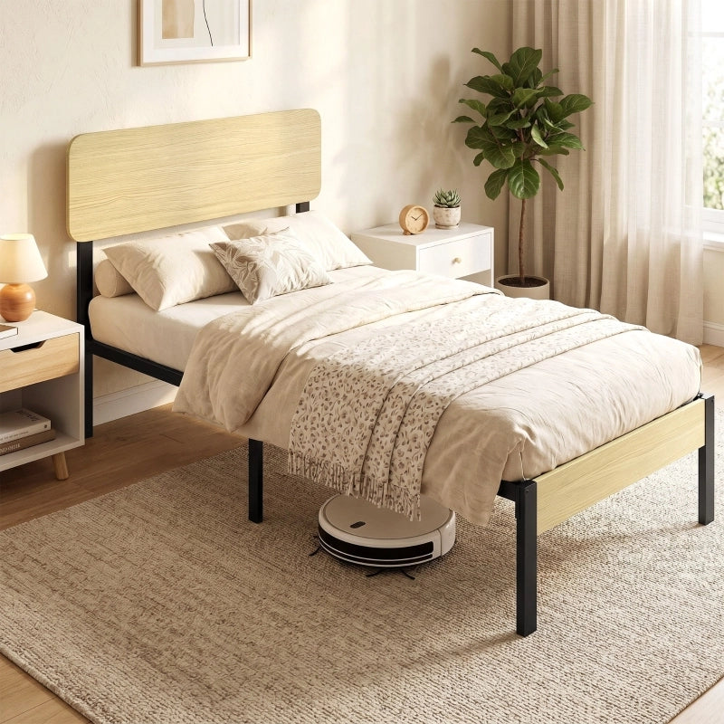 LETTO 90x200 cm con testiera in metallo e legno naturale, stile moderno