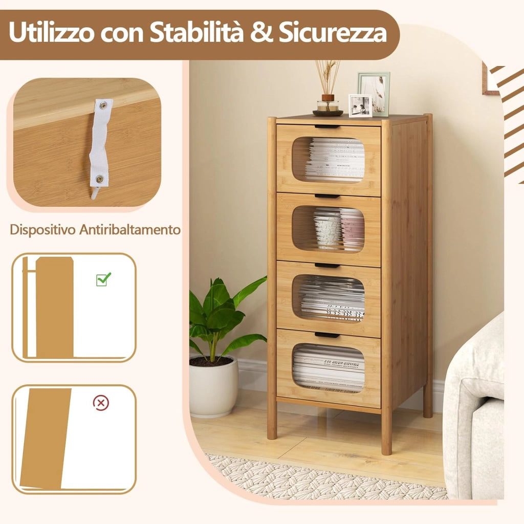 Cassettiera a 4 Cassetti in Bambù e Vetro, Cassettiera Alta per Camera da Letto, Credenza Salvaspazio per Soggiorno, Ingresso e Corridoio, 40 x 40 x 97 cm, Naturale