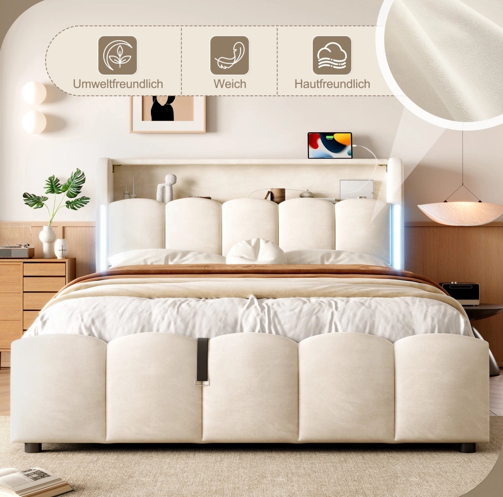 Letto matrimoniale 140x200 cm con contenitore idraulico; LED e USB/USB-C in velluto beige