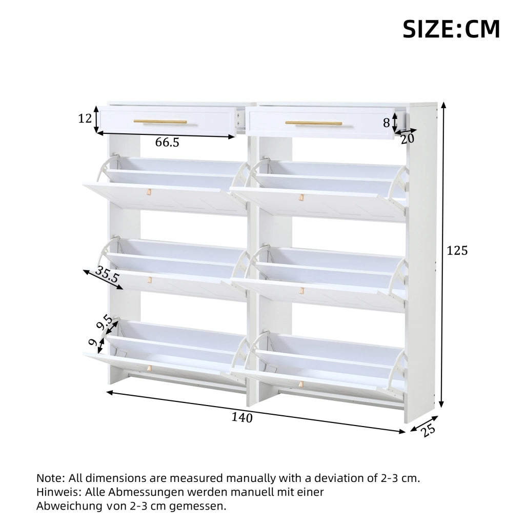 Mobile portascarpe moderno compatto con 12 ripiani e 2 cassetti in MDF bianco