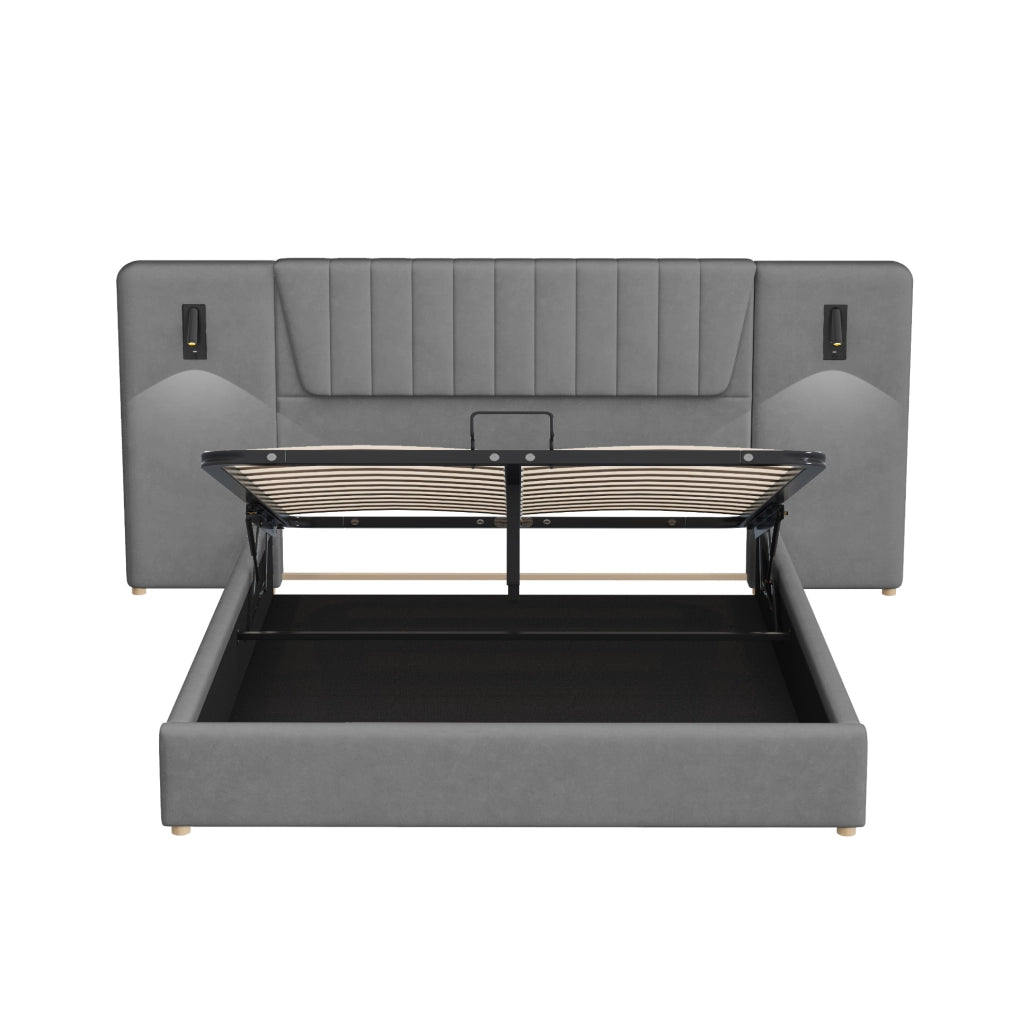 Letto imbottito 180x200 cm con testiera extra lunga; lampade da lettura e contenitore in velluto grigio