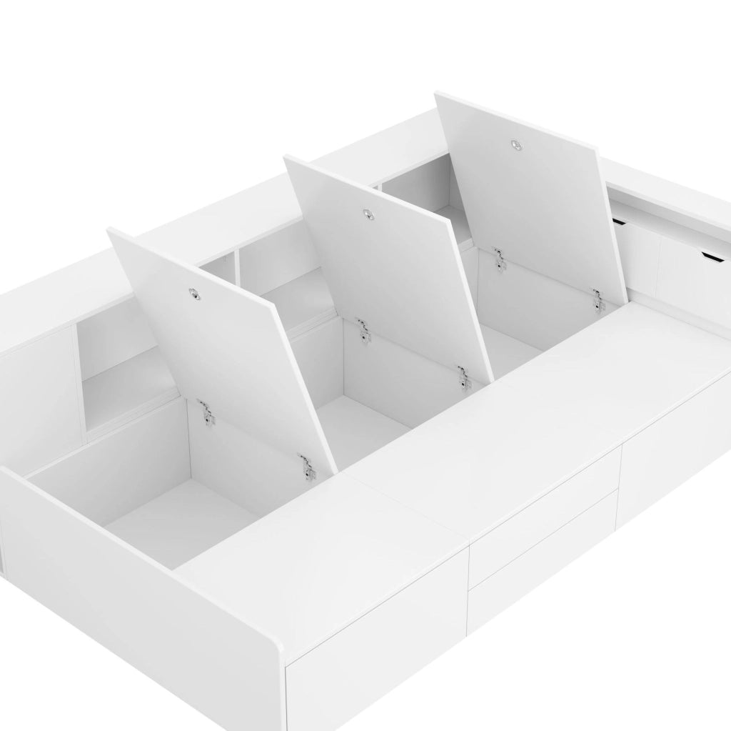 Letto per bambini 90x200 cm in MDF bianco con cassetti e vani portaoggetti; senza materasso