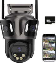 Camera di Sicurezza Esterna - Camera Esterna con Visione Notturna - Design a Tre Lenti - Tracciamento Automatico a 360° - Inclusa 64GB SD - Nero