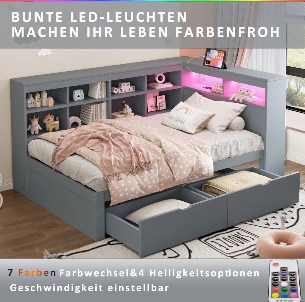 Letto singolo multifunzione 90x200 cm grigio con LED e USB