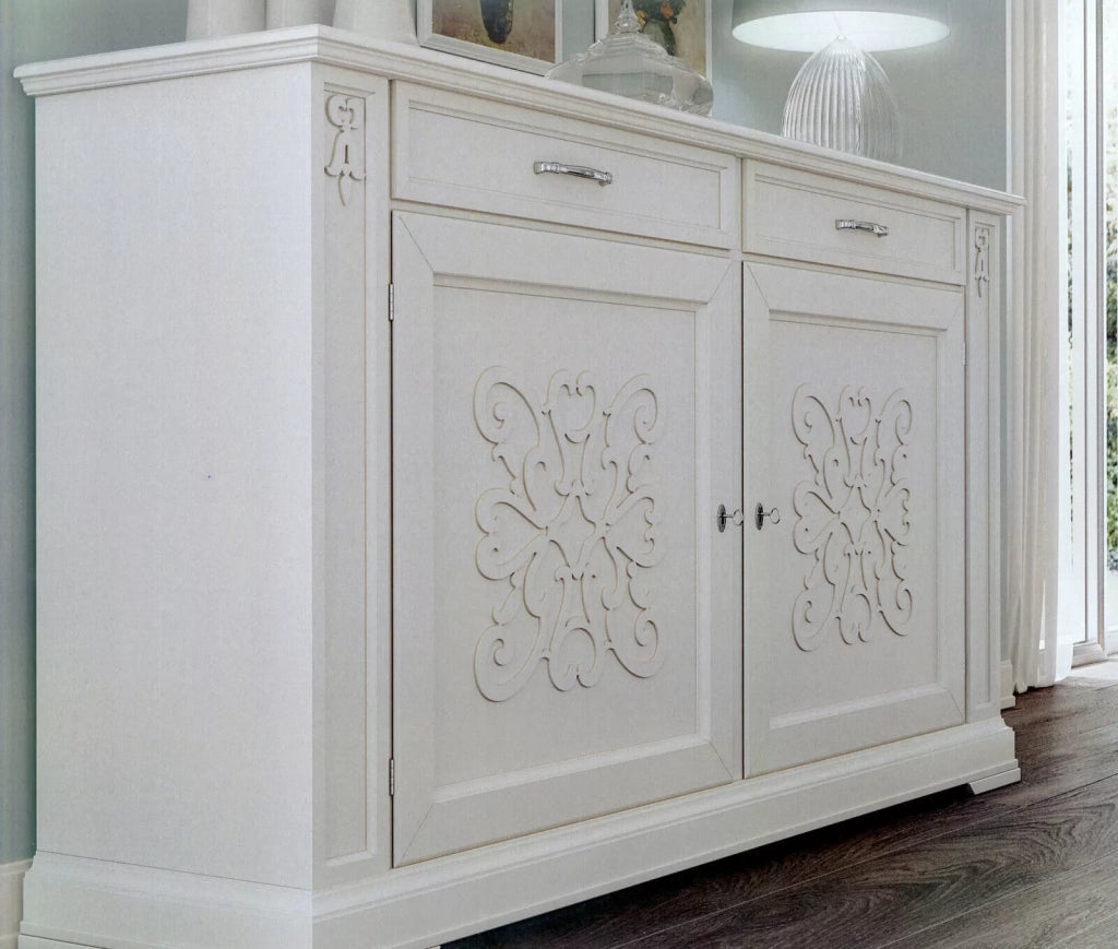 Credenza classica decoro legno 2 porte shabby bianco 184x50x106 - Mobili 2G