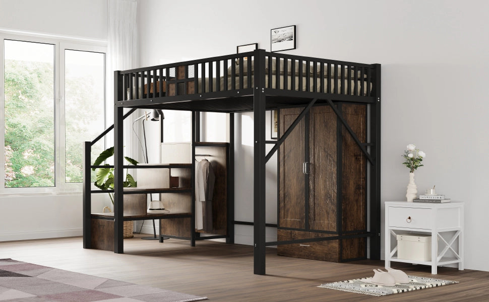 Letto a castello nero in metallo e legno con funzione contenitiva 140x200 cm