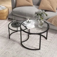 Set 2 Tavolini da Caffè Sovrapponibili in Vetro e Acciaio, Ø70x47.5 cm e Ø54 x 42.5 cm, Nero
