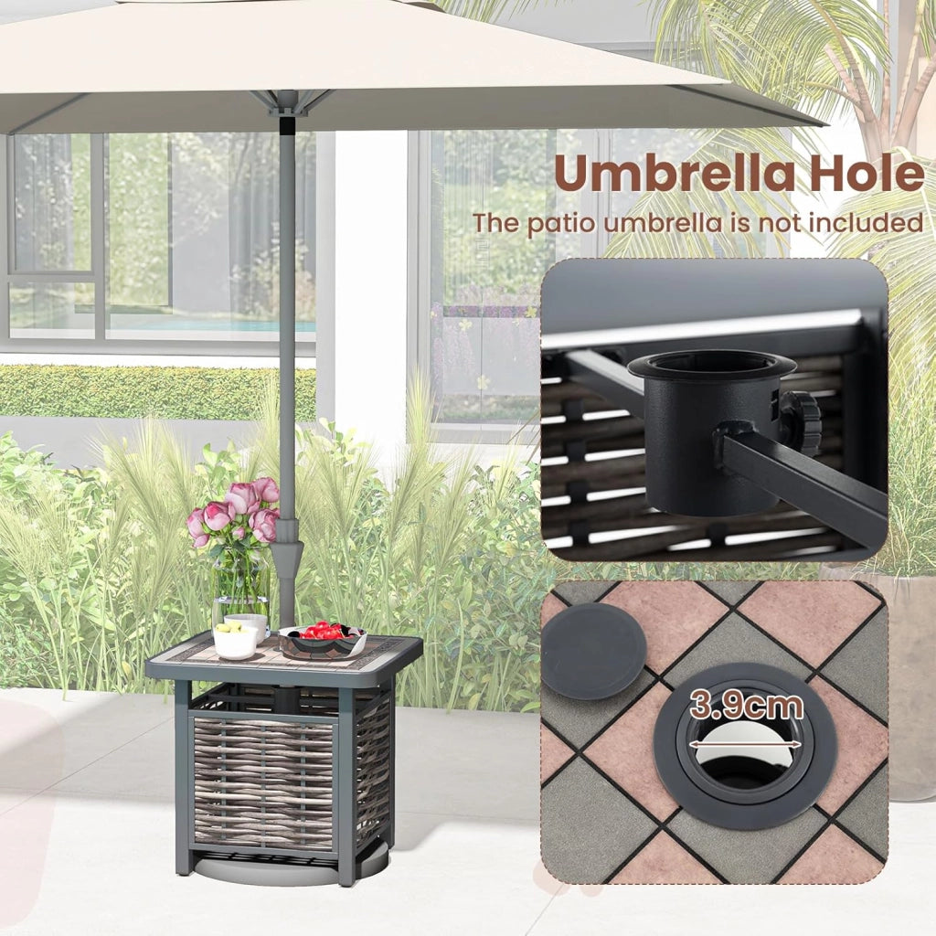 Tavolo da giardino esterno in vimini con foro per ombrellone, tavolino quadrato in rattan PE con piano in resina, telaio in metallo, tavolo da pranzo per giardino, cortile, terrazza
