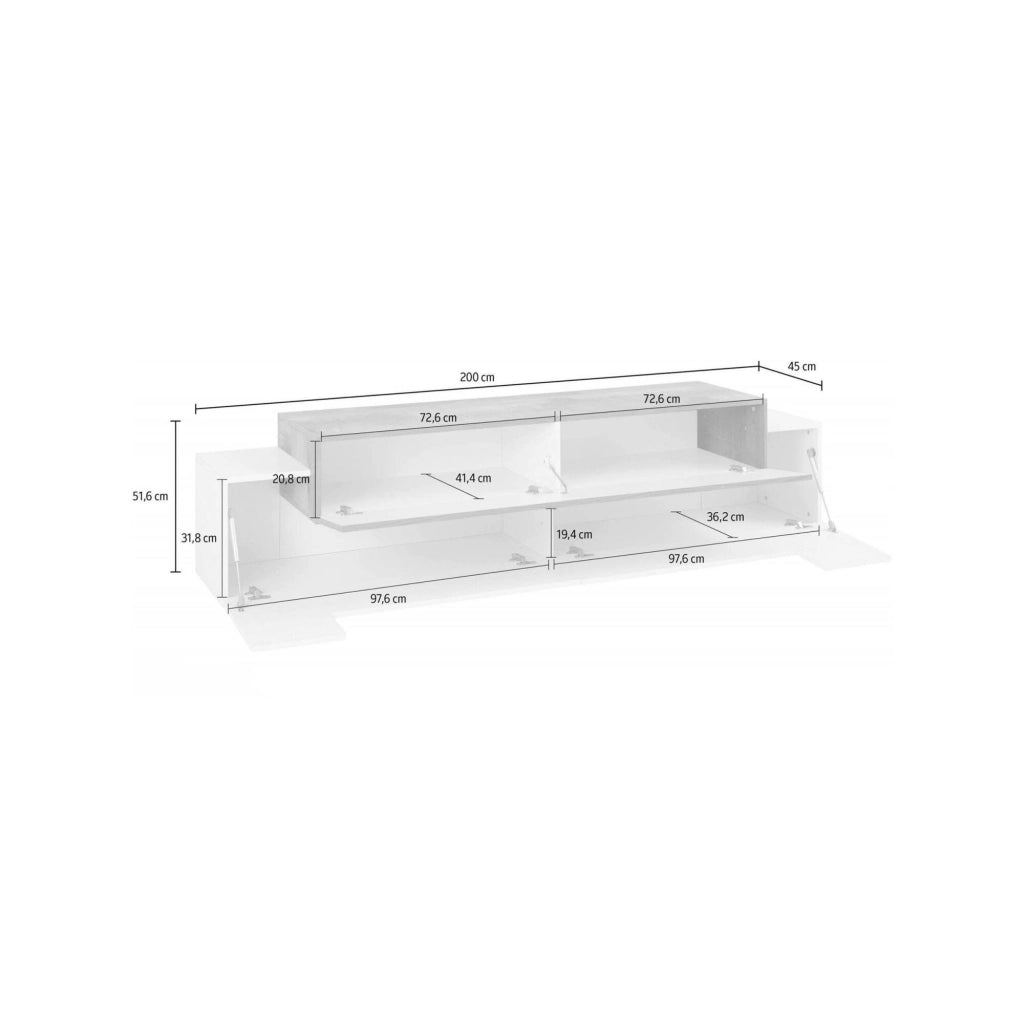 Mobile da soggiorno Porta Arold, Made in Italy, Supporto per Arold da salotto a 3 ante e ripiani, cm 200x45h52, Bianco lucido e Grigio Cenere