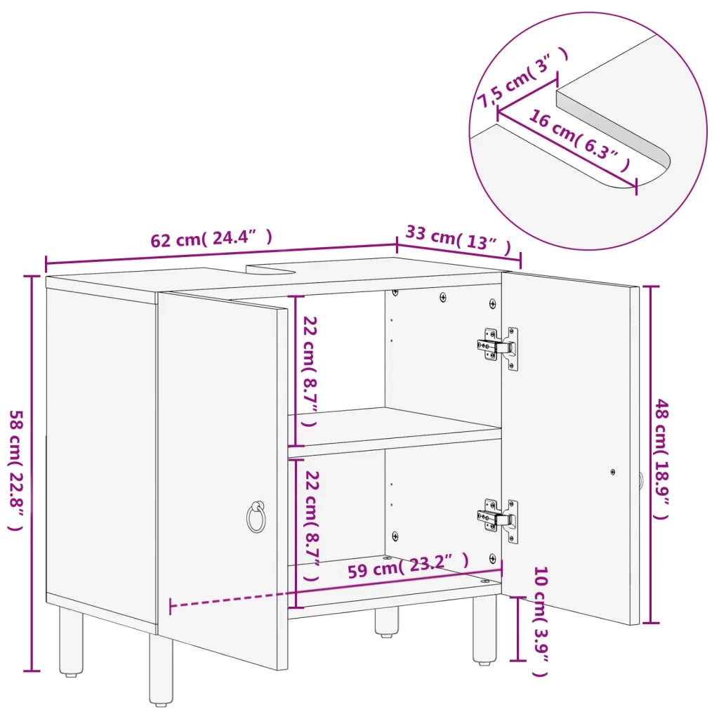 Mobile Lavabo | Armadio Lavabo da Bagno 62x33x58cm in Legno Massello di Mango