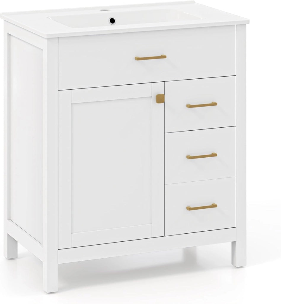 Mobile da bagno con lavabo in ceramica, armadio sotto il lavabo con 2 cassetti e 1 scomparto con porta, 76 x 46,5 x 86 cm, mobile lavabo per bagno, lavanderia, bianco