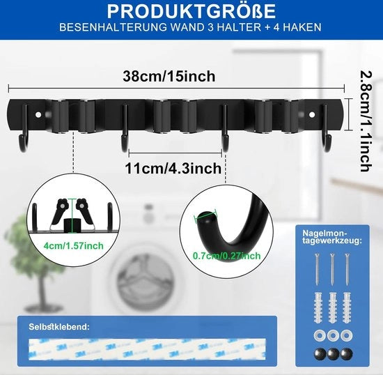 Sostegno per Pennello alla Parete, 3 Orecchioni e 4 Ganci Nero Sostegno per Strumenti Pesanti Autoadesivo, Sostegno per Pennello con Installazione di Spilli, Sostegno per Strumenti da Giardino