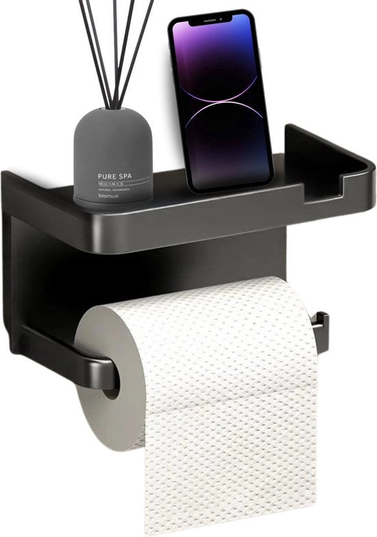 Houder per Rotoli WC - con Spazio di Stoccaggio Autoadesivo - houder per rotoli WC - Houder per Rotoli WC con Piattaforma - Houder per Rotoli WC Nero Senza Forare - Houder per Rotoli WC con Spazio di Stoccaggio