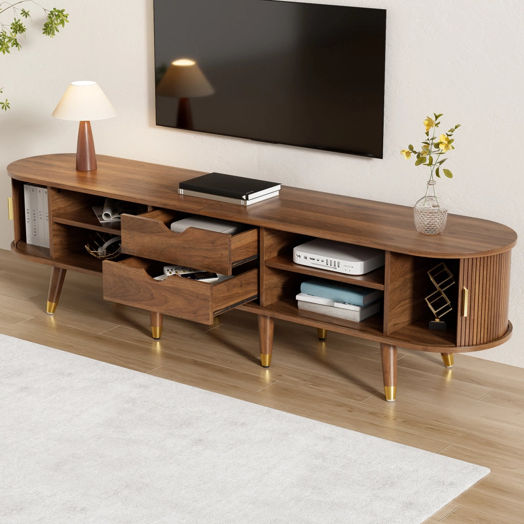 Mobile TV con Anta Scorrevole in Rattan; 2 Cassetti e Vani Aperti; Stile Country; in MDF; 175??38??45 cm; Noce