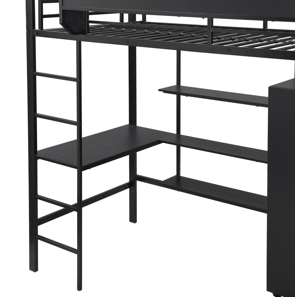 Letto a castello 90x200 cm con tavolo e armadio in metallo e pannello truciolare nero