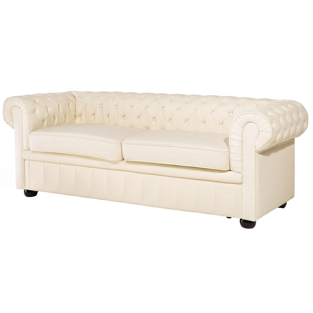 Set soggiorno Chesterfield tappezzeria in pelle crema gambe in legno scuro divano a 3 posti + poltrona contemporanea