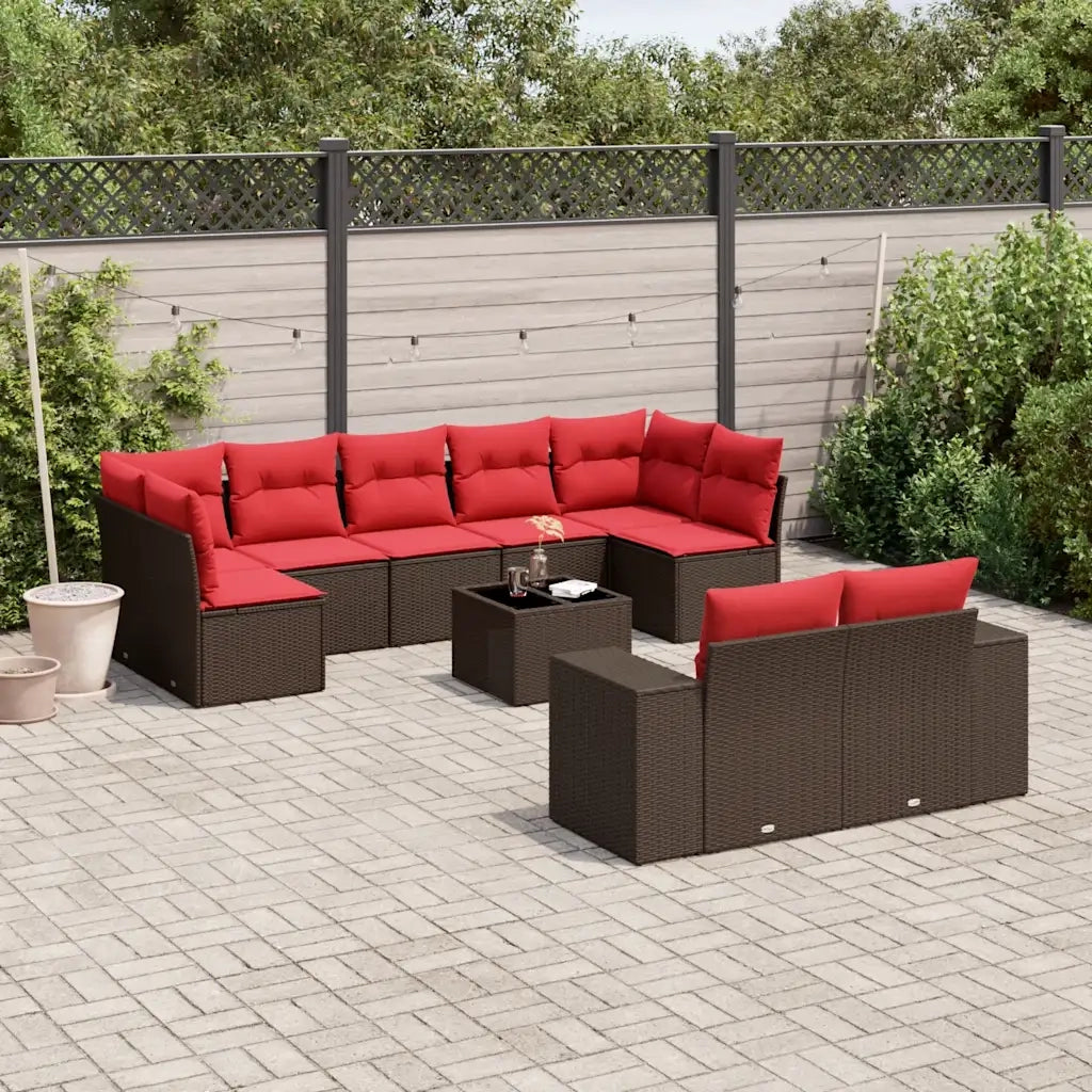 Set Divani da Giardino 10 pz con Cuscini Marrone in Polyrattan 3223033