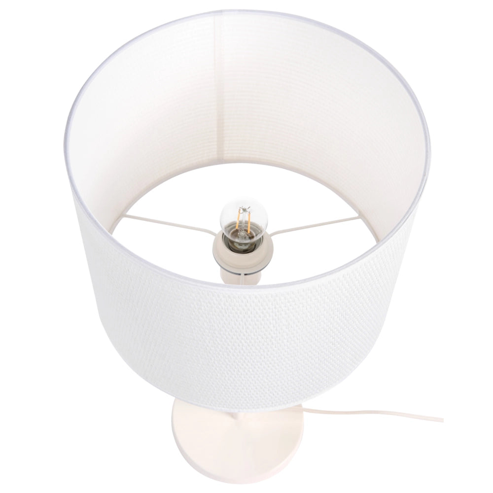Lampada da tavolo in metallo con paralume a tamburo in tessuto bianco in stile moderno di metà secolo