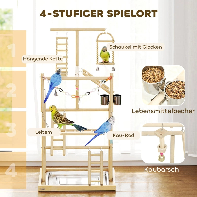 GIOCO PER UCCELLI 4 livelli 59 cm Legno naturale e acciaio inox