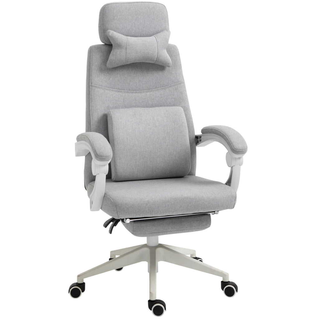 Sedia da ufficio ergonomica girevole con poggiapiedi, schienale reclinabile e rotelle, in poliestere grigio