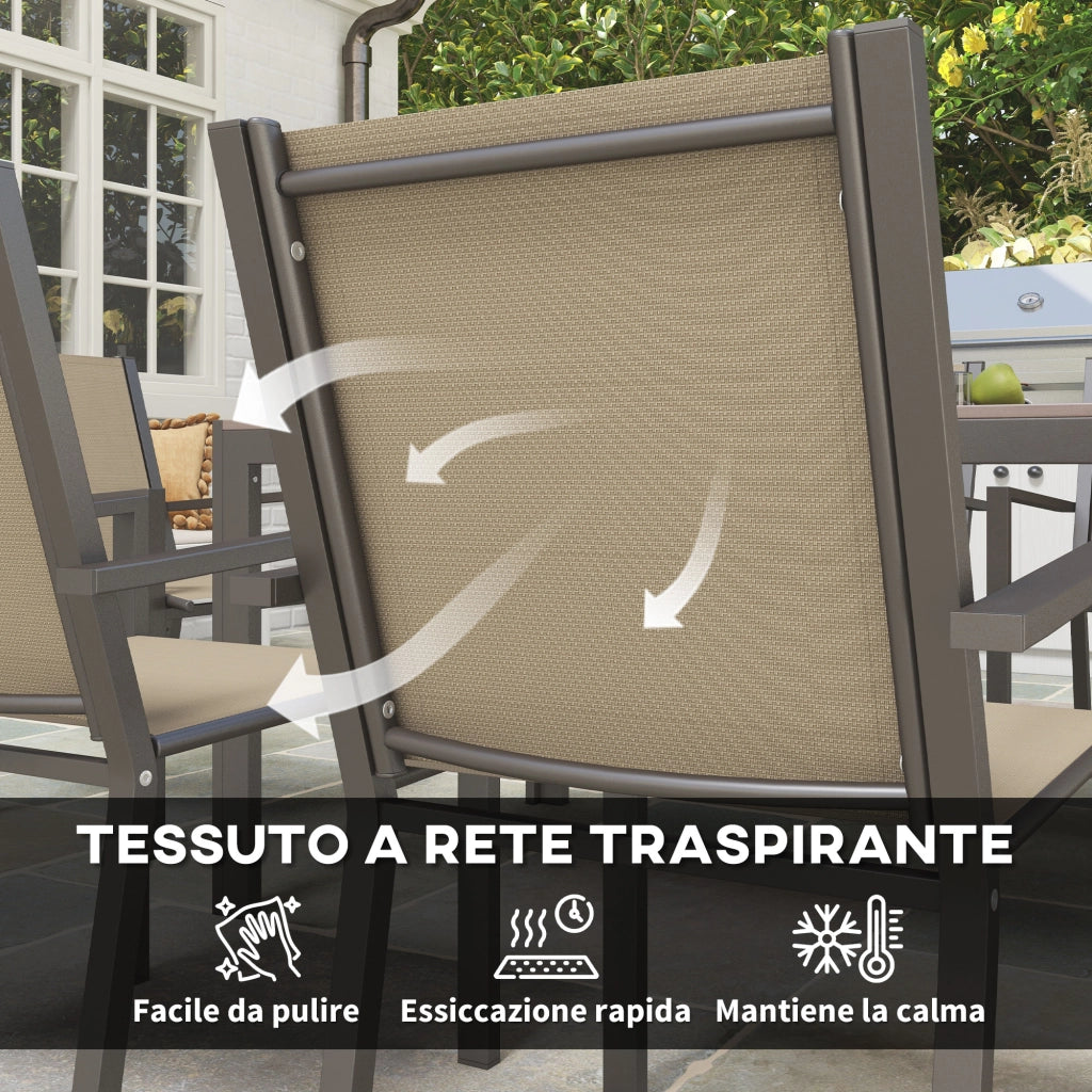 Set da Giardino 7 Pezzi in Plastica con 6 Sedie Impilabili e Tavolo Rettangolare, Kaki e Marrone