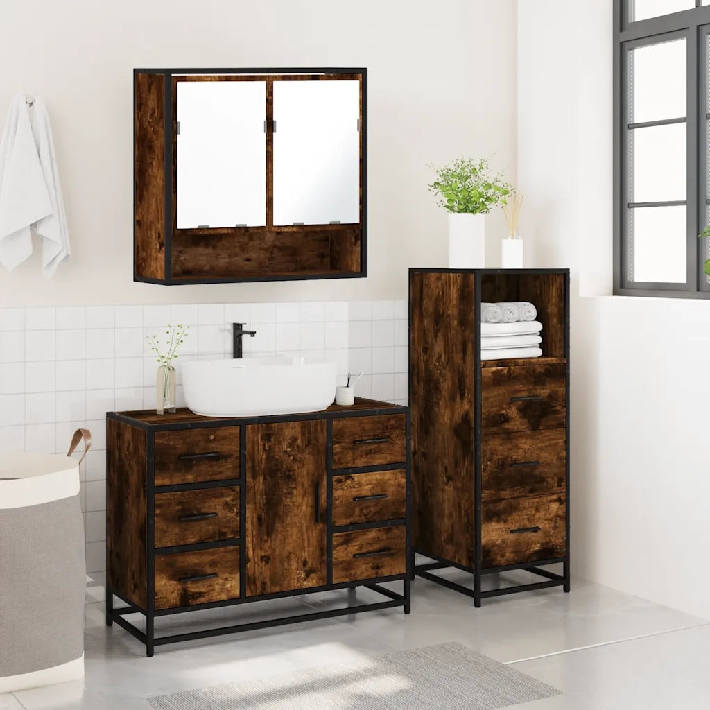 Set Mobili da Bagno 3 pz Rovere Fumo in Legno Multistrato