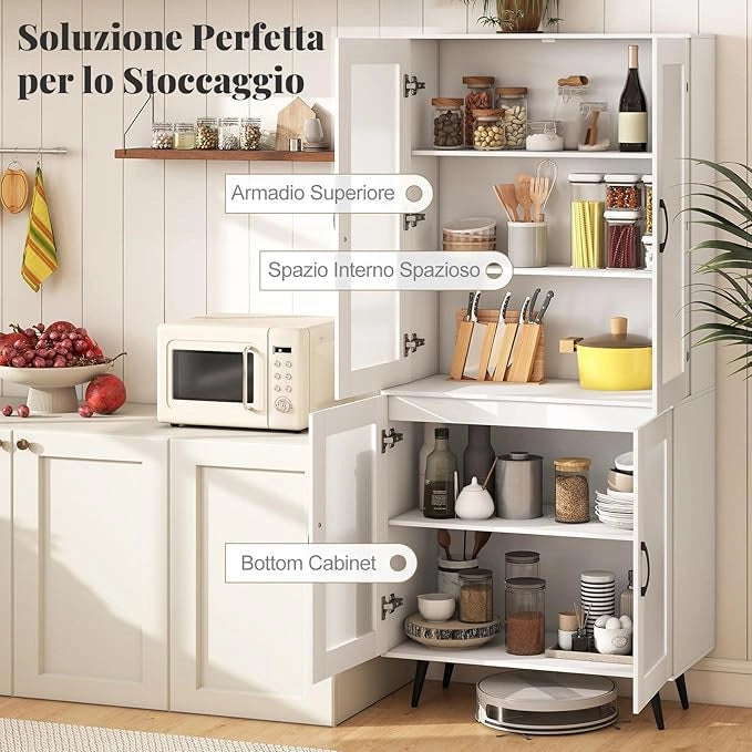 Credenza da Cucina Salvaspazio, Armadio Dispensa con 4 Ante Trasparenti, Ripiano Regolabile e Gambe in Metallo, Mobiletto Alto per Soggiorno e Sala da Pranzo, 80 x 40 x 178,5 cm (Bianco)