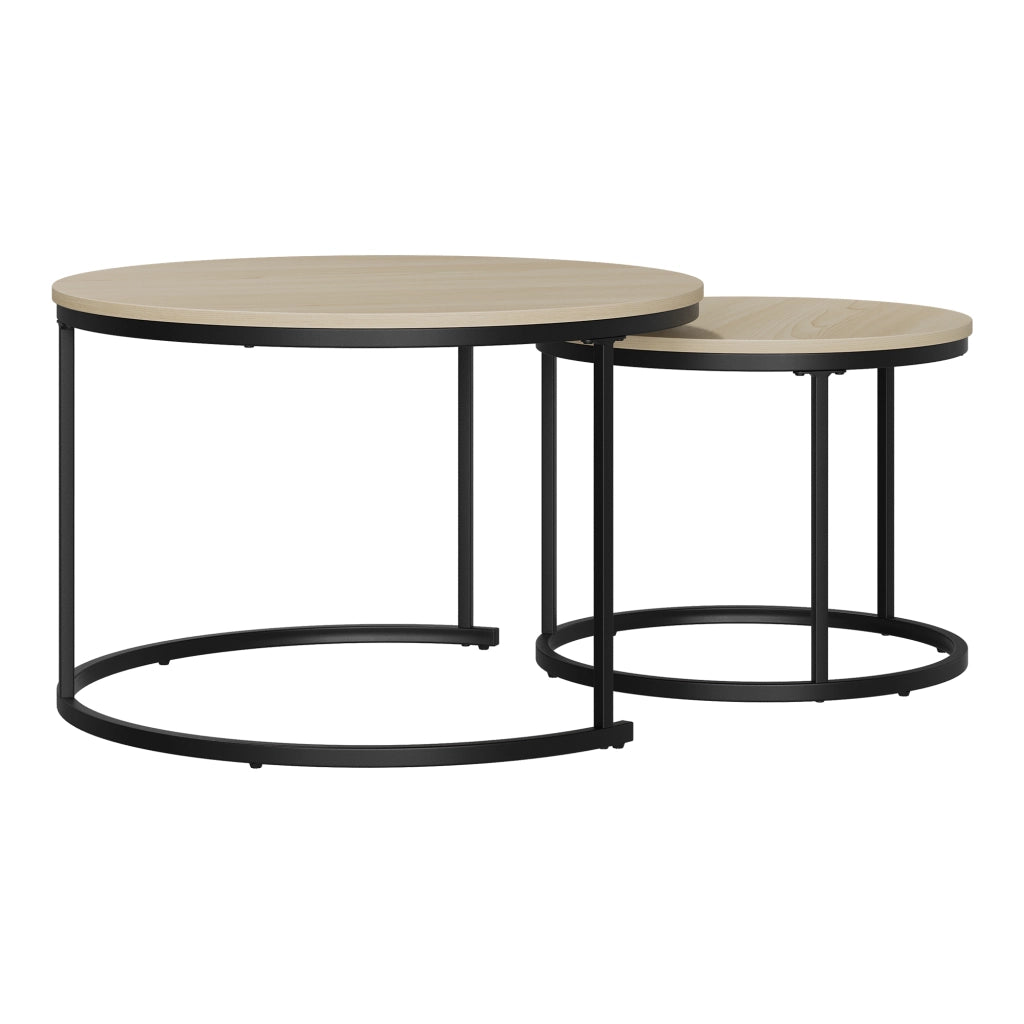Set di 2 tavolini da salotto impilabili rotondi, effetto rovere, struttura in metallo, stile moderno