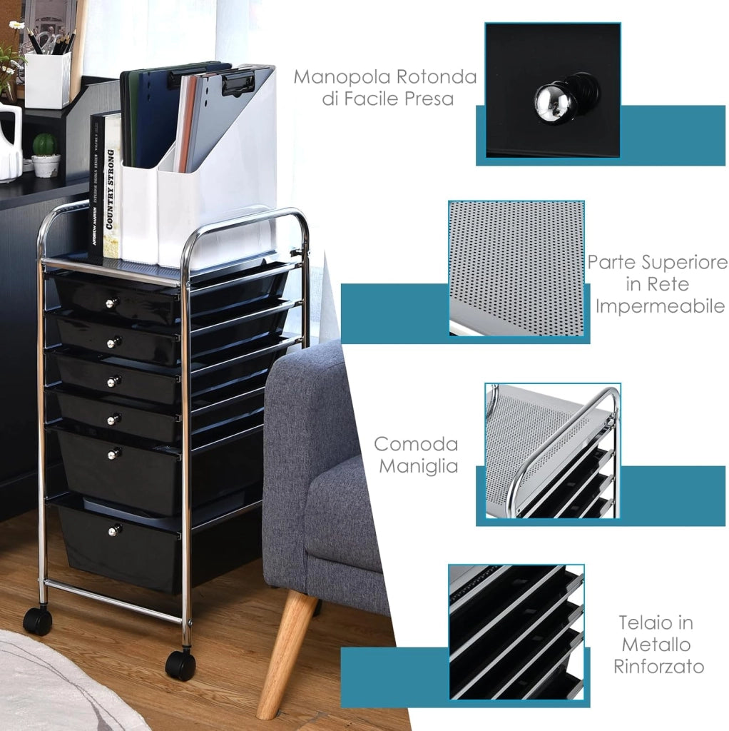 Carrello con 6 Cassetti e Ruote, Cassettiera in Plastica, con Due Dimensioni di Cassetti, Contenitore Multiuso per Casa Bagno e Ufficio, 37 x 74 x 32cm (Nero)
