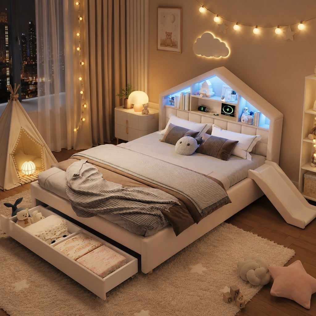 Letto per bambini imbottito 140x200 cm beige con scivolo; LED e vano contenitore