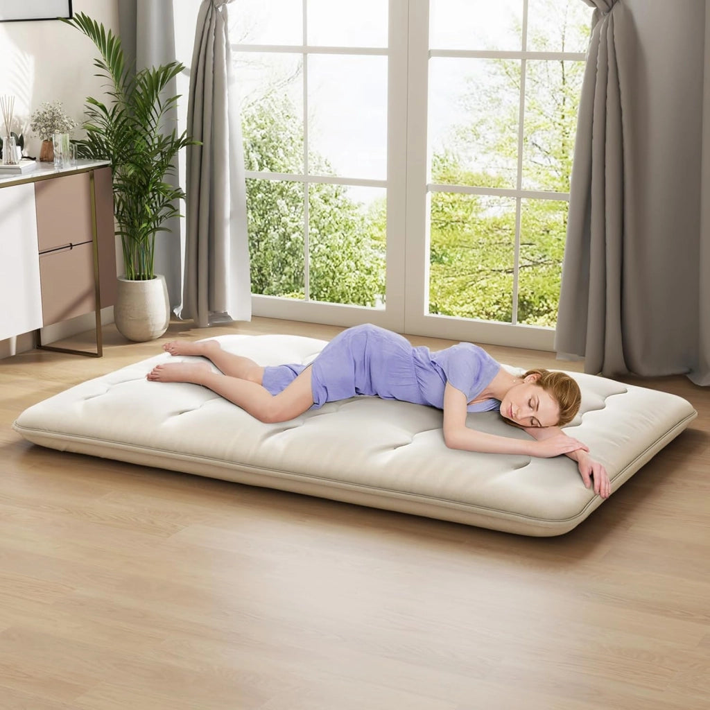 Materasso da pavimento Futon giapponese, tappetino Tatami pieghevole e portatile, materasso pieghevole con borsa per il trasporto e fodera rimovibile (beige, 140 x 200 cm)