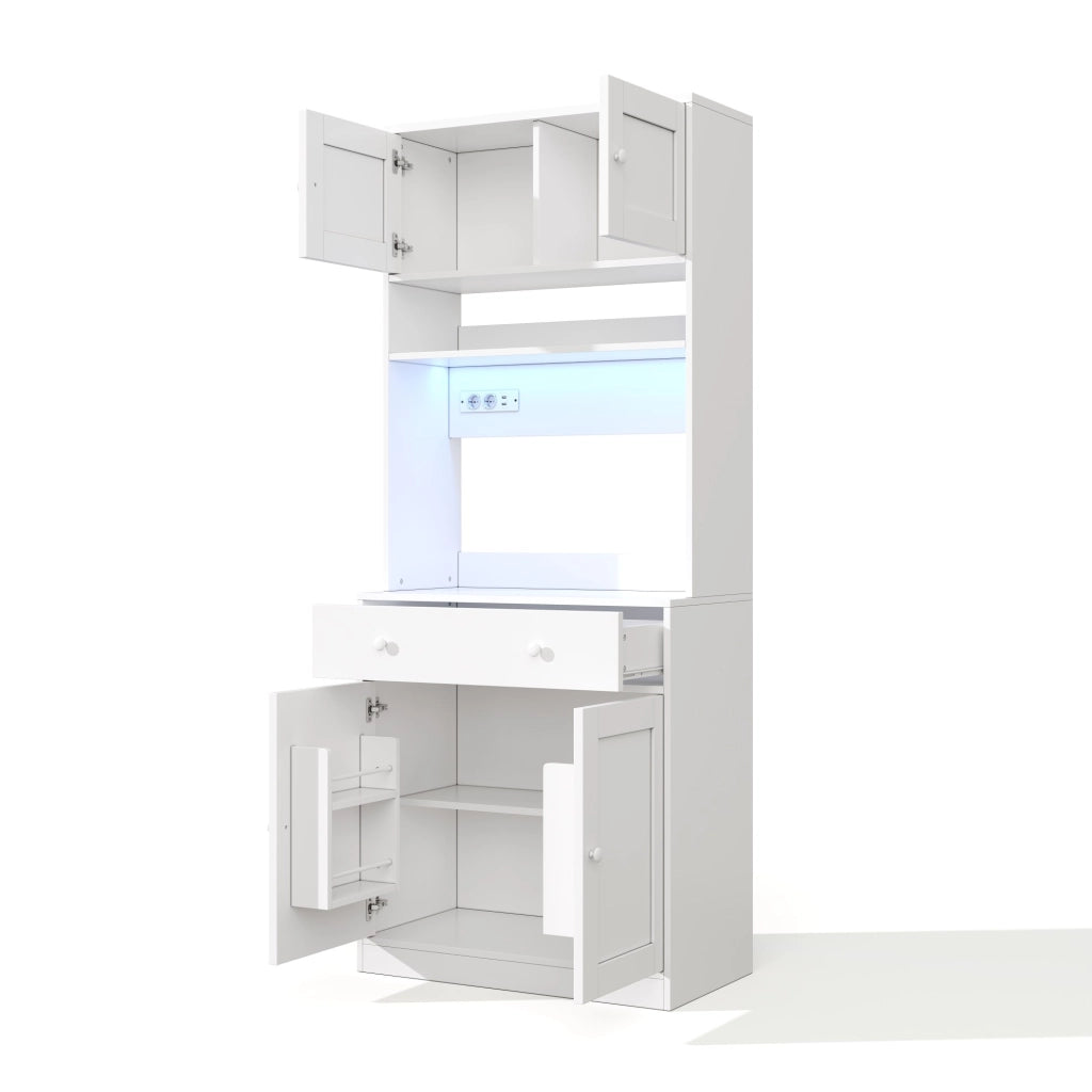 Credenza cucina multifunzione 72x40x180 cm con LED; prese USB e finitura bianca in MDF