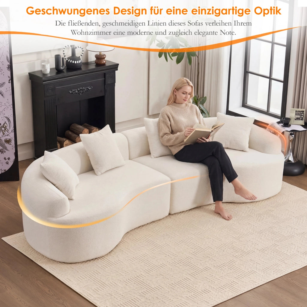 Divano angolare modulare 4 posti con design curvo in ciniglia, seduta comoda, bianco 275 × 115 × 63 cm