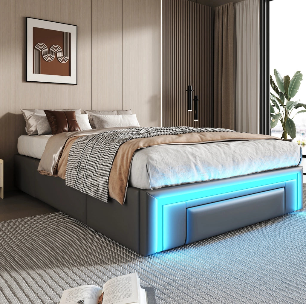 Letto singolo 90x200 cm con cassetti e LED RGB grigio