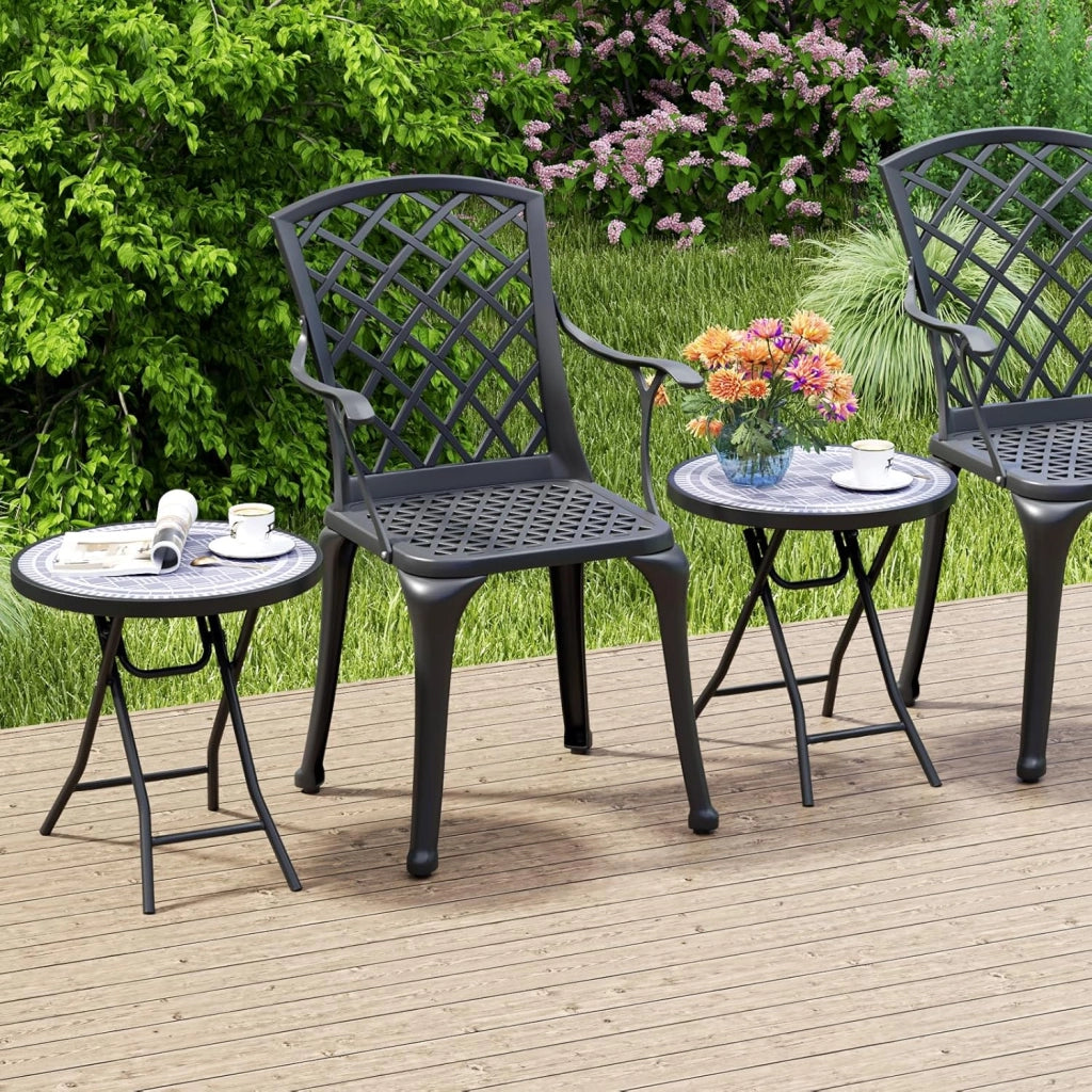 Tavolo da giardino rotondo pieghevole, tavolino da terrazza da 45,7 cm con piano in vetro temperato, telaio in metallo, interno esterno, per giardino, balcone, portico, soggiorno