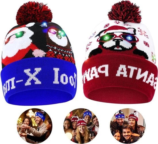 Cappello di Natale con illuminazione a LED - Cappello di Natale intrecciato con 6 luci - Set da 2 pezzi