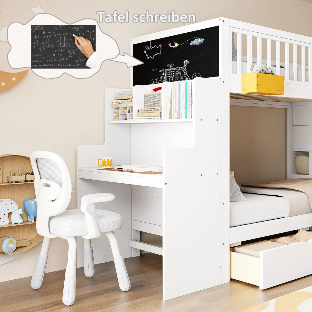 Letto a castello per bambini 90x200 cm con scrivania; 2 cassetti e scala; bianco