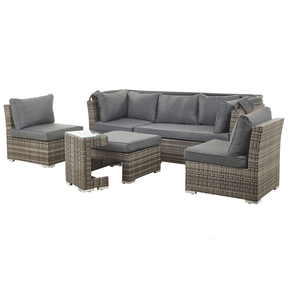 Set da giardino per esterni Divano in rattan PE grigio marrone scuro con sedie a baldacchino e tavolino Design moderno