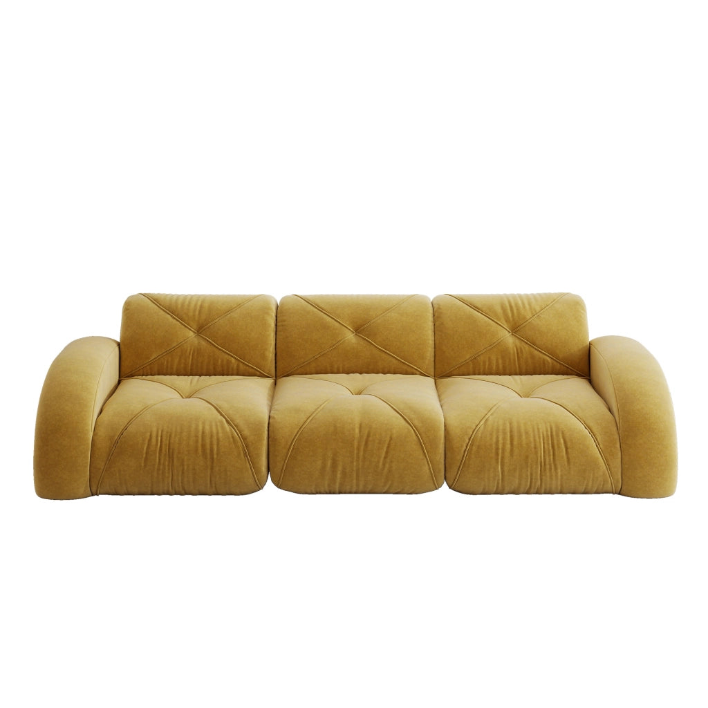 Divano modulare 3 posti senza struttura in chenille gialla; design basso e seduta morbida