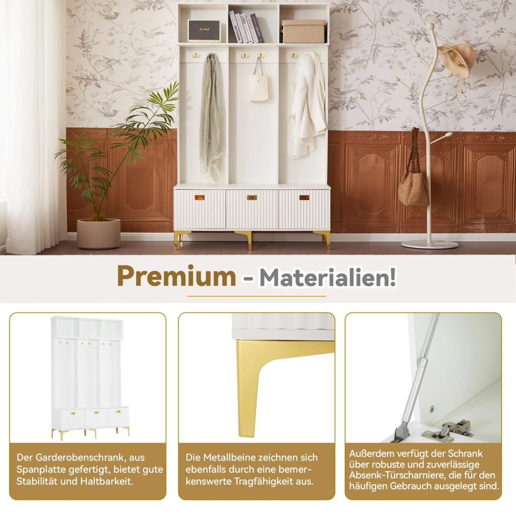 Mobile ingresso multifunzione con panca 120x23;5x191;5 cm in pannello truciolare bianco e metallo