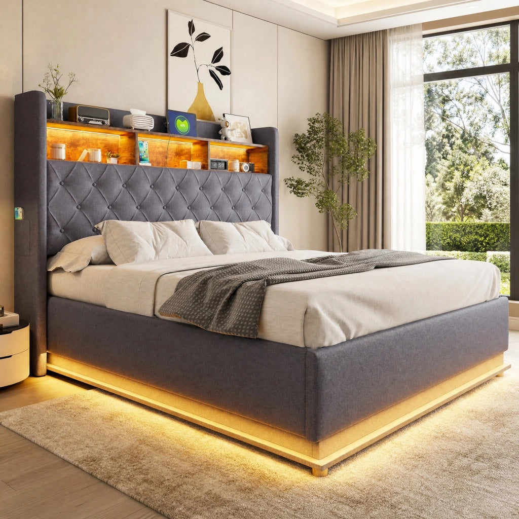Letto imbottito con LED e porta USB 160x200 cm; contenitore idraulico; tessuto effetto lino grigio