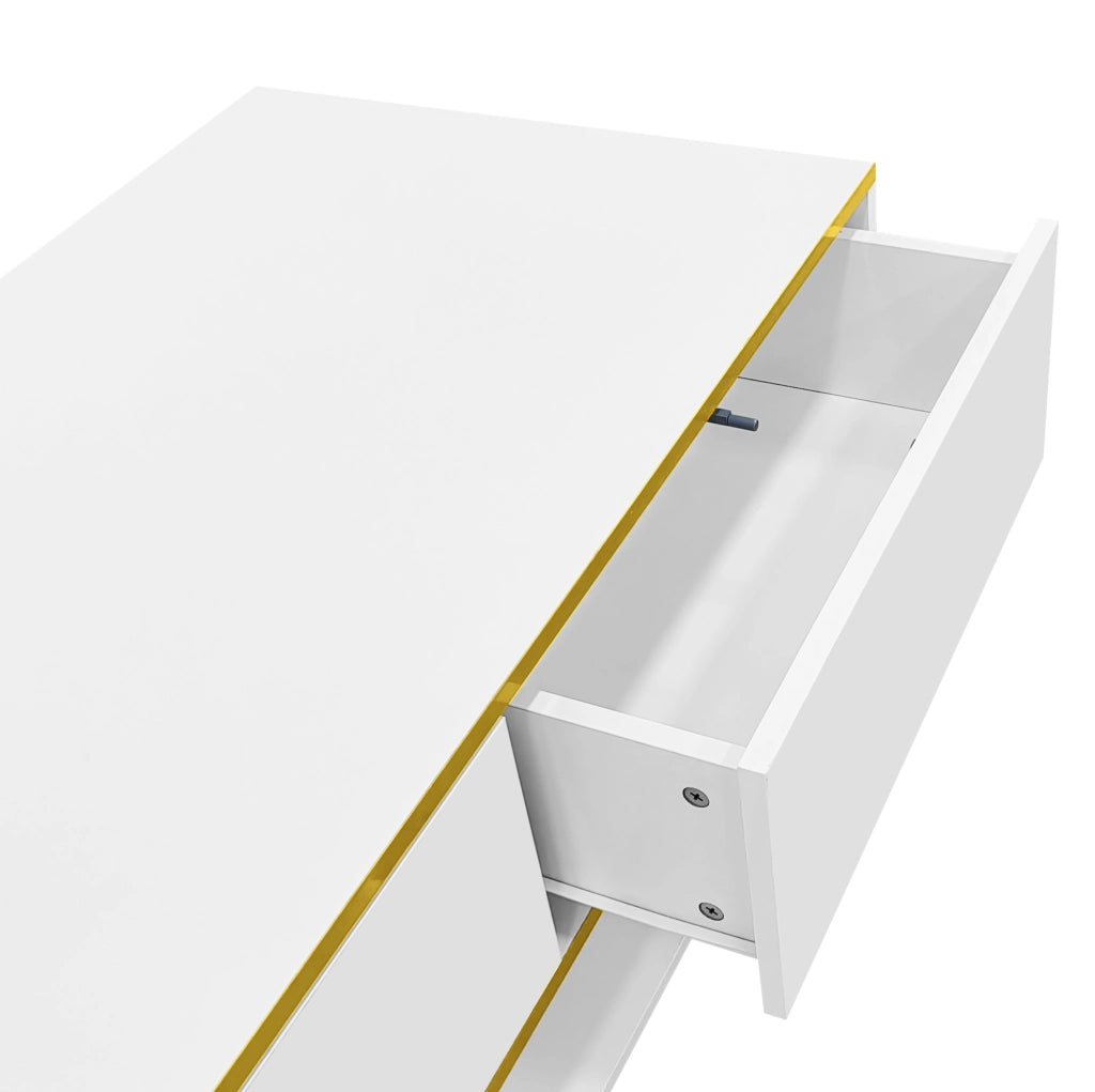 Tavolino da caffè 100x50x40 cm con 3 cassetti e LED in pannello di particelle bianco e oro