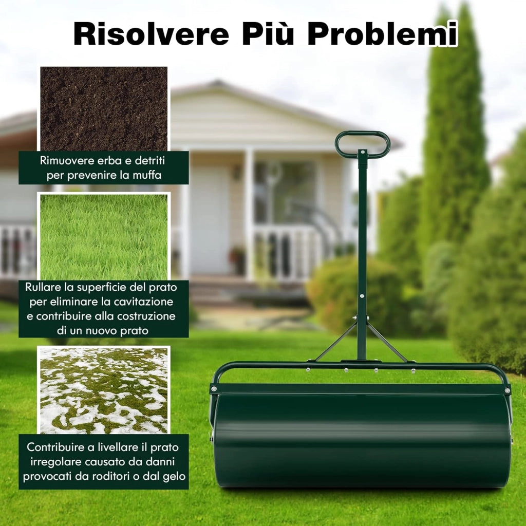 Rullo per Prato in Metallo 63 L, Rullo da Giardino 90 cm Riempibile con Acqua/Sabbia, con Gancio e Impugnatura Staccabile 137 cm, Ideale per Giardino, Prato, Parco e Fattoria (Verde)