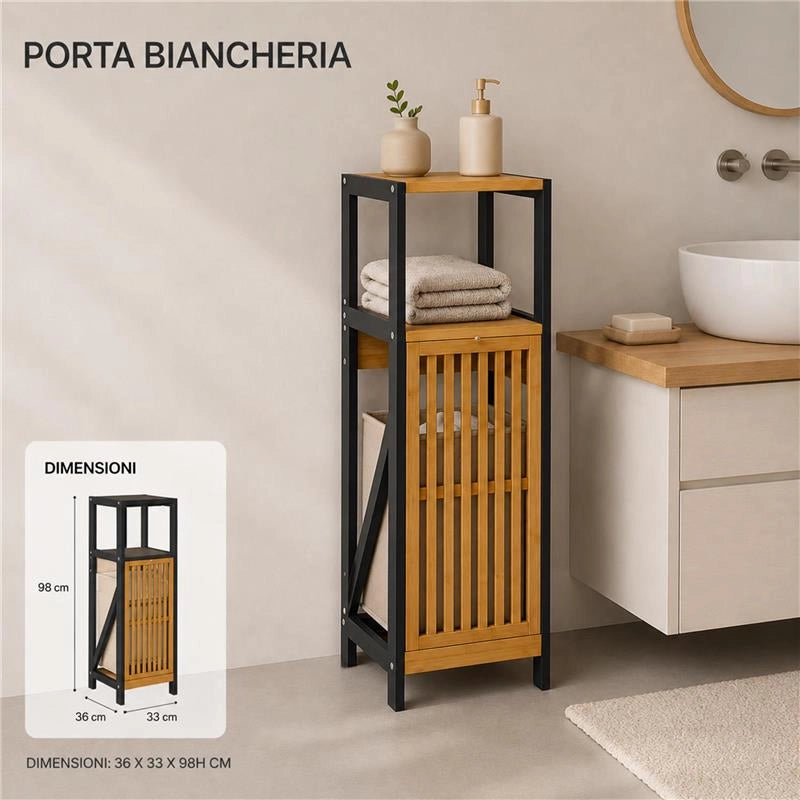 MOBILE DA BAGNO IN LEGNO CON ANTA, RIPIANO IN BAMBOO E PORTABIANCHERIA IN TESSUTO - COLORE NERO DIMENSIONI 36X33X98 CM
