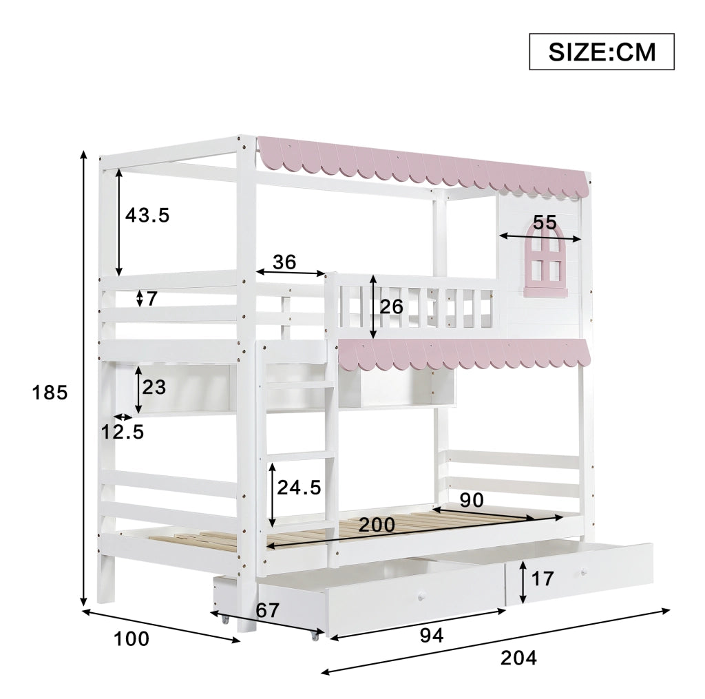 Letto a castello 90x200 cm con cassetti; ripiani e scala in legno bianco e rosa
