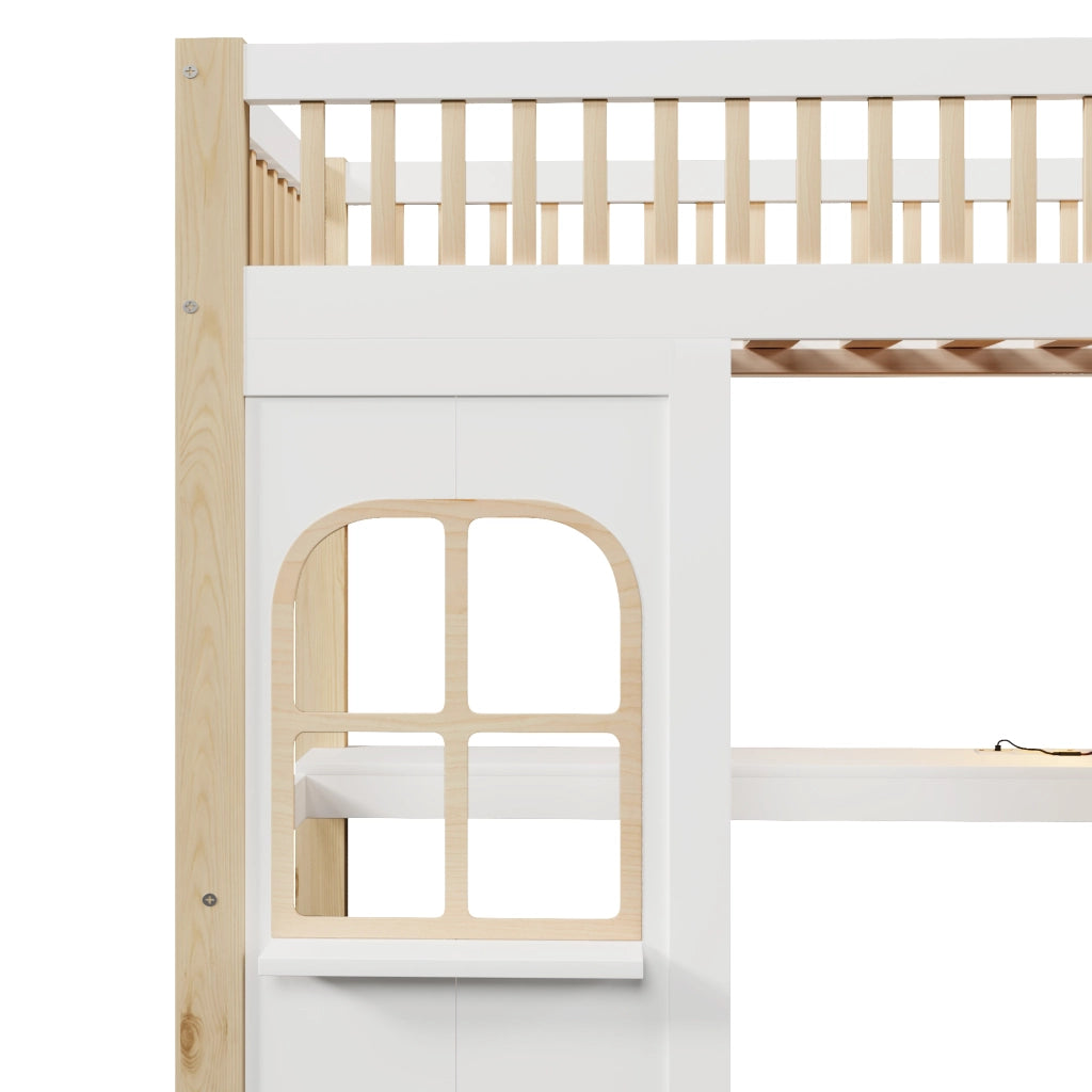 LETTO a soppalco 90x200 cm con scrivania, scala contenitore, bianco/naturale