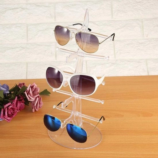 Display stand per occhiali con 5 livelli di supporto per occhiali in plastica con ripiano di deposito