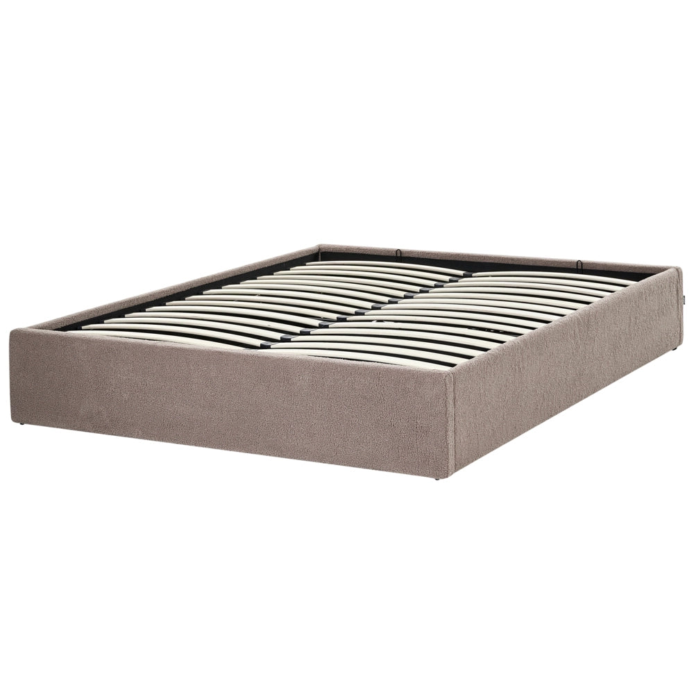 Letto matrimoniale con contenitore in tessuto bouclè tortora 140 x 200 cm portaoggetti stile moderno